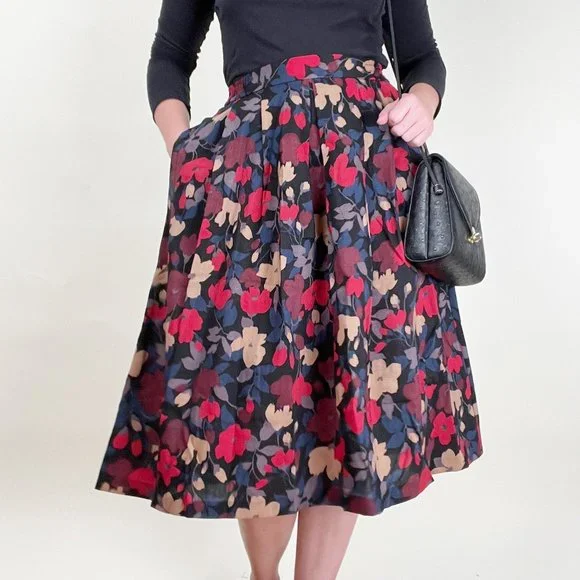 Vintage Liberty of London Dark Floral Print Pleated High Rise Midi Skirt Preppy - Picture 10 of 10
